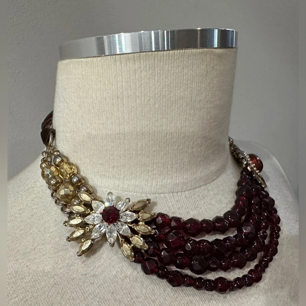 Vintage Multi-Strand Statement Necklace with Velvet Ribbon Accent, Burgundy